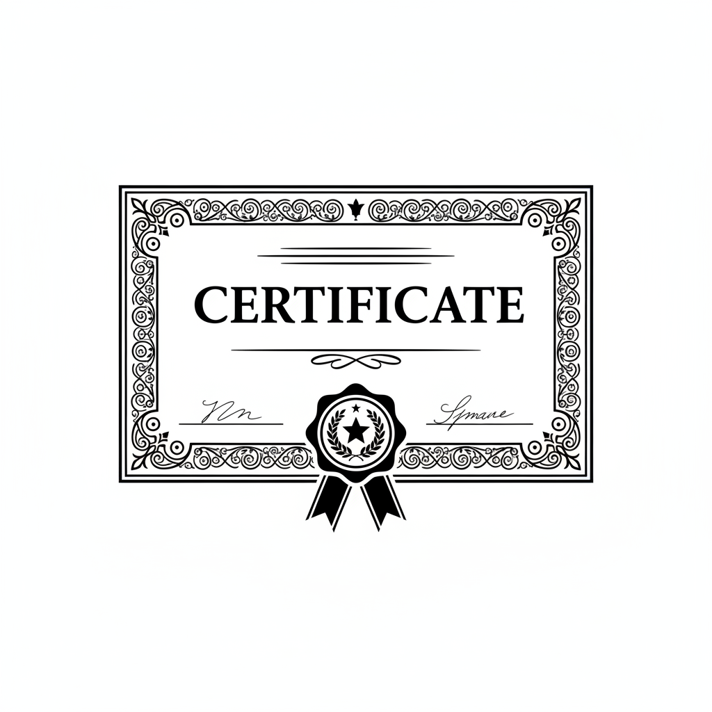 generate icon image of certificate black white only . 